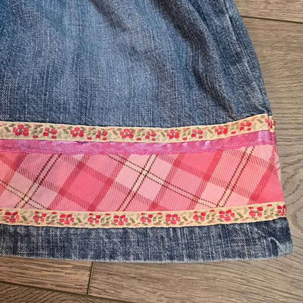 OshKosh B’gosh Vintage Girls 12M Blue Denim Overall Dress Heart Pink Plaid Y2K